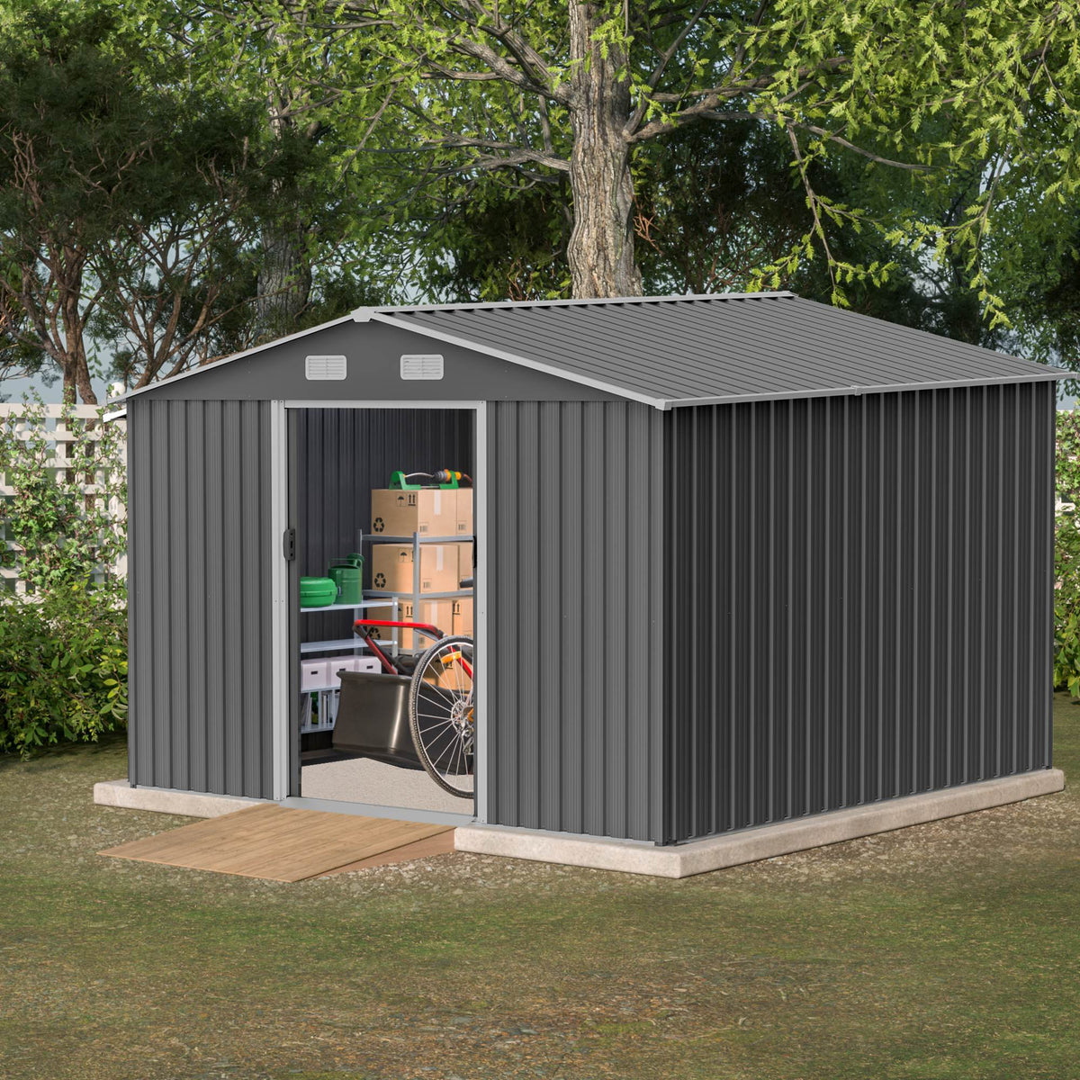 10X8 FT Outdoor Storage Shed, Metal Foundation & Lockable Doors, Tool Shed For Garden, Patio, Backyard, Lawn, Grey - Decindoor