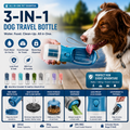 3-in-1 dog travel water bottle with food and waste bag storage