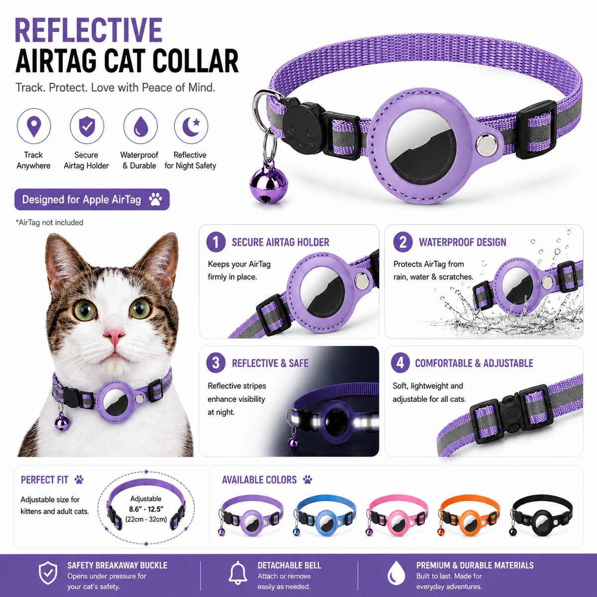 Reflective pet collar with removable safety bell