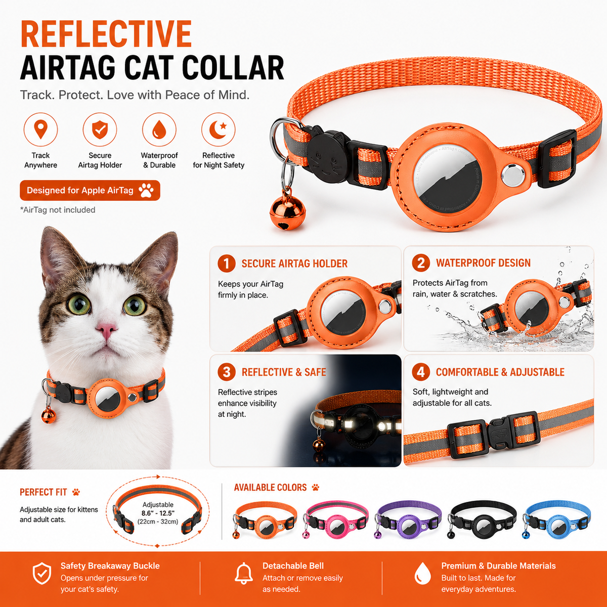 Waterproof reflective pet collar compatible with Apple AirTag